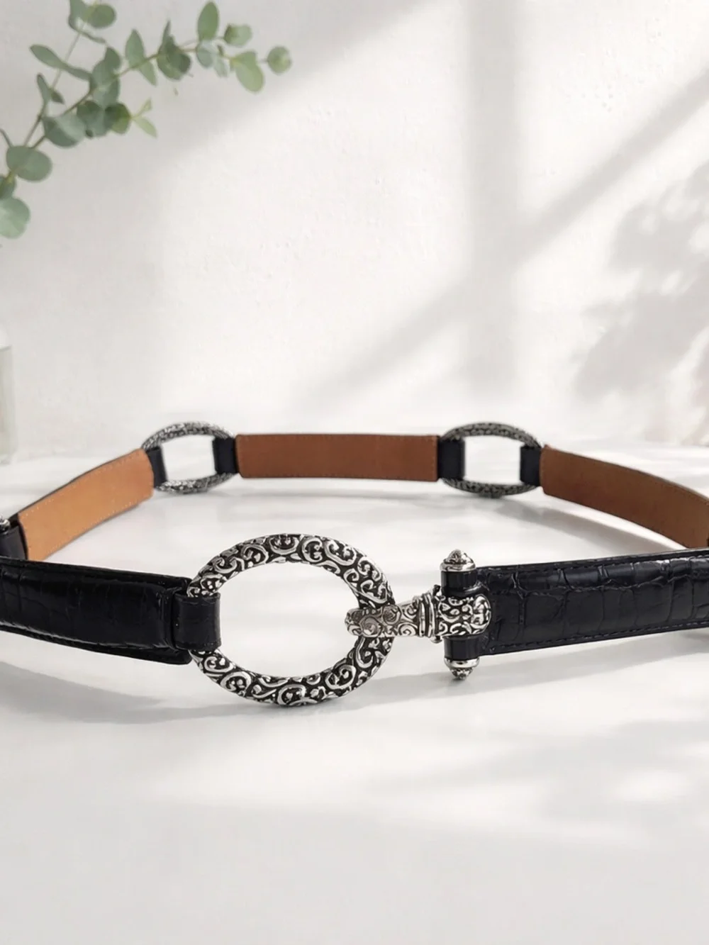 Brighton Black Croc Embossed Leather Ornate Link Belt - Size 38 - Picture 4 of 11